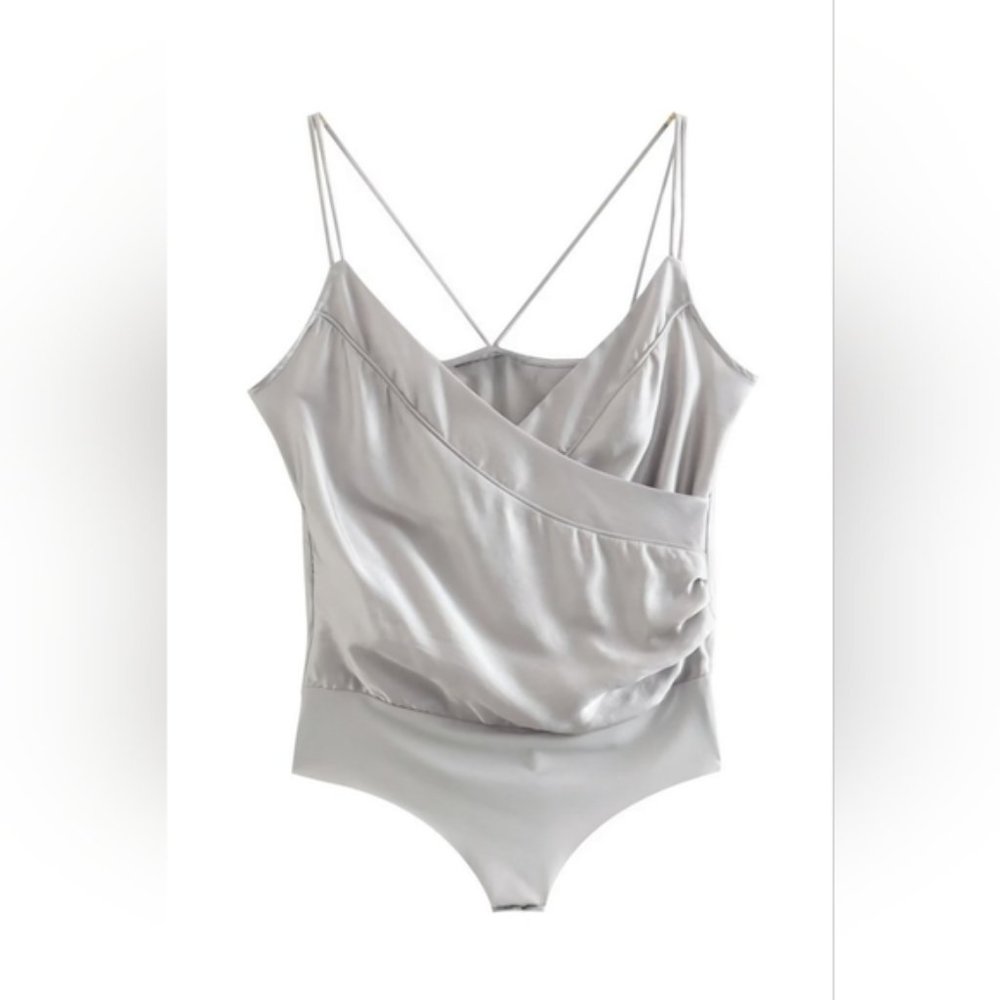 Zara Gray Satin Bodysuit Strappy Sexy Wrap V-Neck New NWT Fancy Dressy Blouse